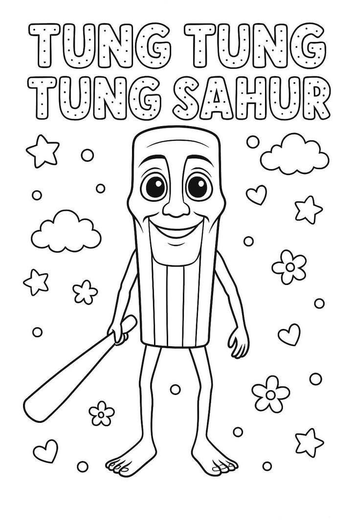 Desenho do Tung Sahur, meme viral do Tiktok, com estrelas e corações para imprimir e colorir.