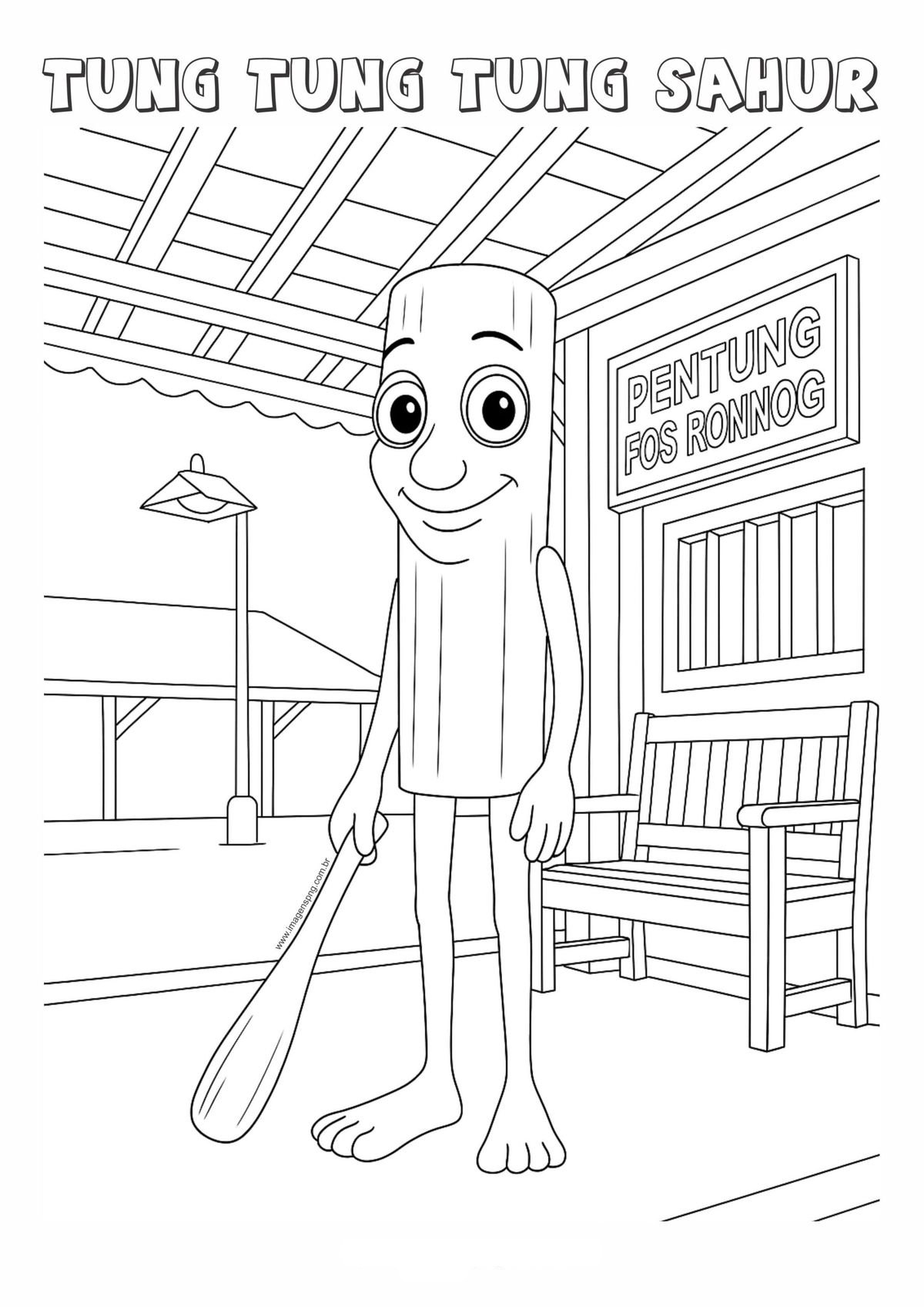 Desenho do Tung Sahur, meme viral do TikTok, com corpo cilíndrico e rosto sorridente, em cenário de rua com elementos urbanos para imprimir e colorir.