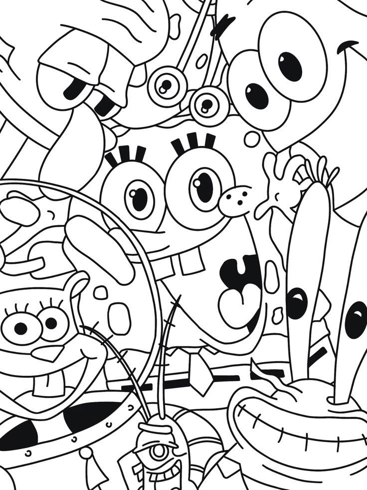 Desenho da turma do Bob Esponja reunida (SpongeBob, Patrick, Lula Molusco, Gary) para imprimir e colorir.