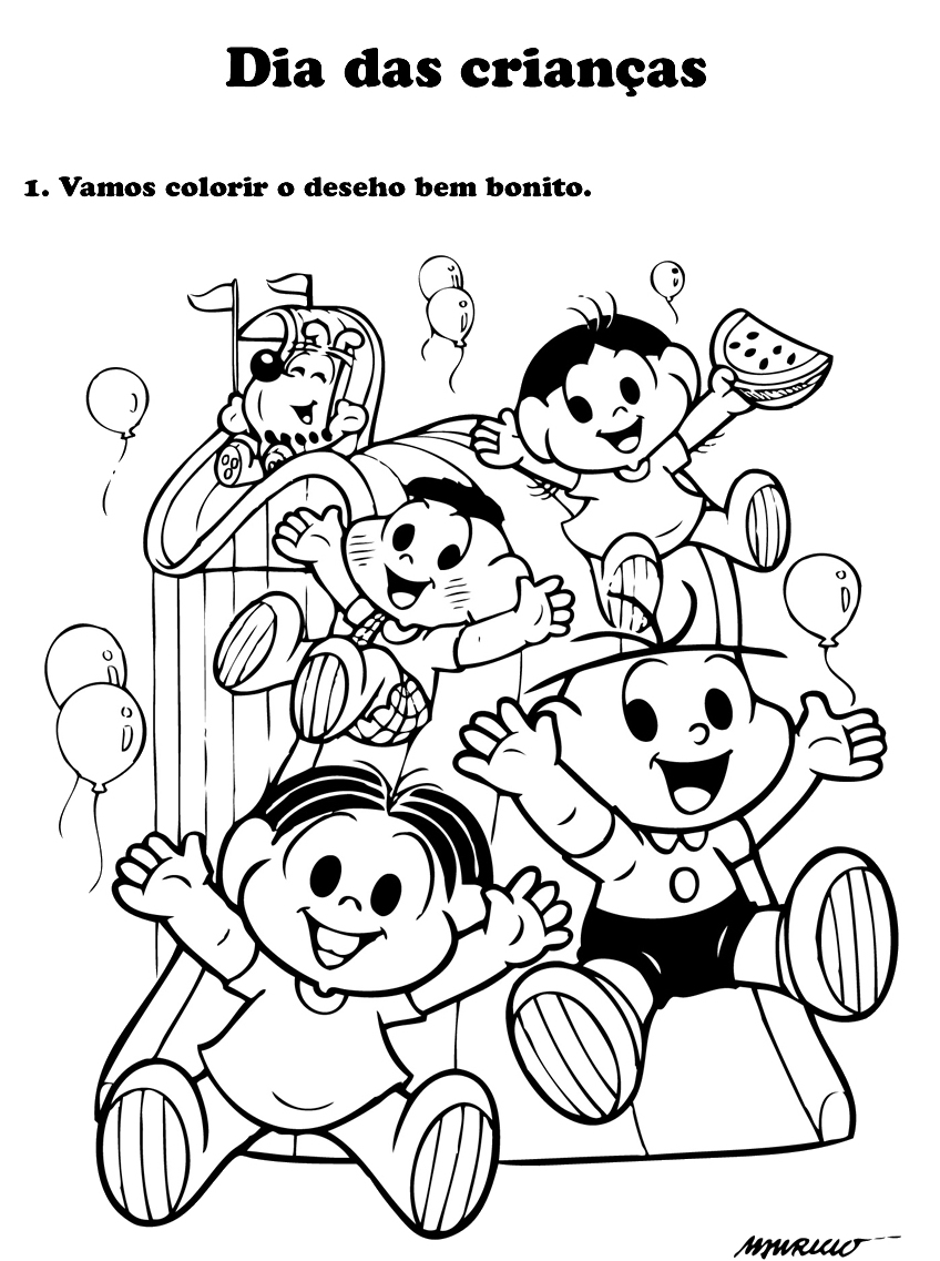 Desenho da Turma da Mônica comemorando o Dia das Crianças com escorrega, balões e melancia para imprimir e colorir.