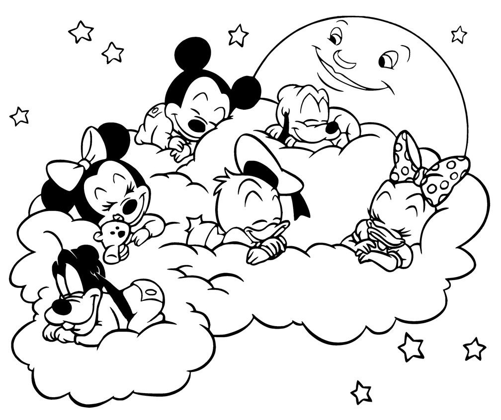 Desenho da Turma do Mickey Bebê dormindo em uma nuvem com lua sorrindo e estrelas para imprimir e colorir.
