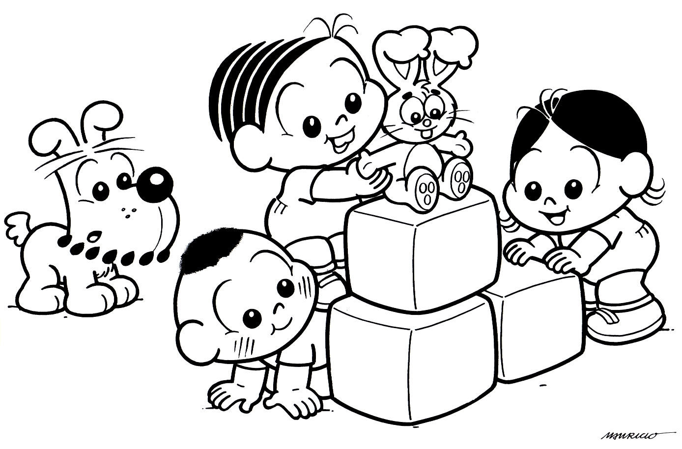 Desenho da Turma da Mônica bebê brincando com blocos, Floquinho e Sansão para colorir no Dia das Crianças.