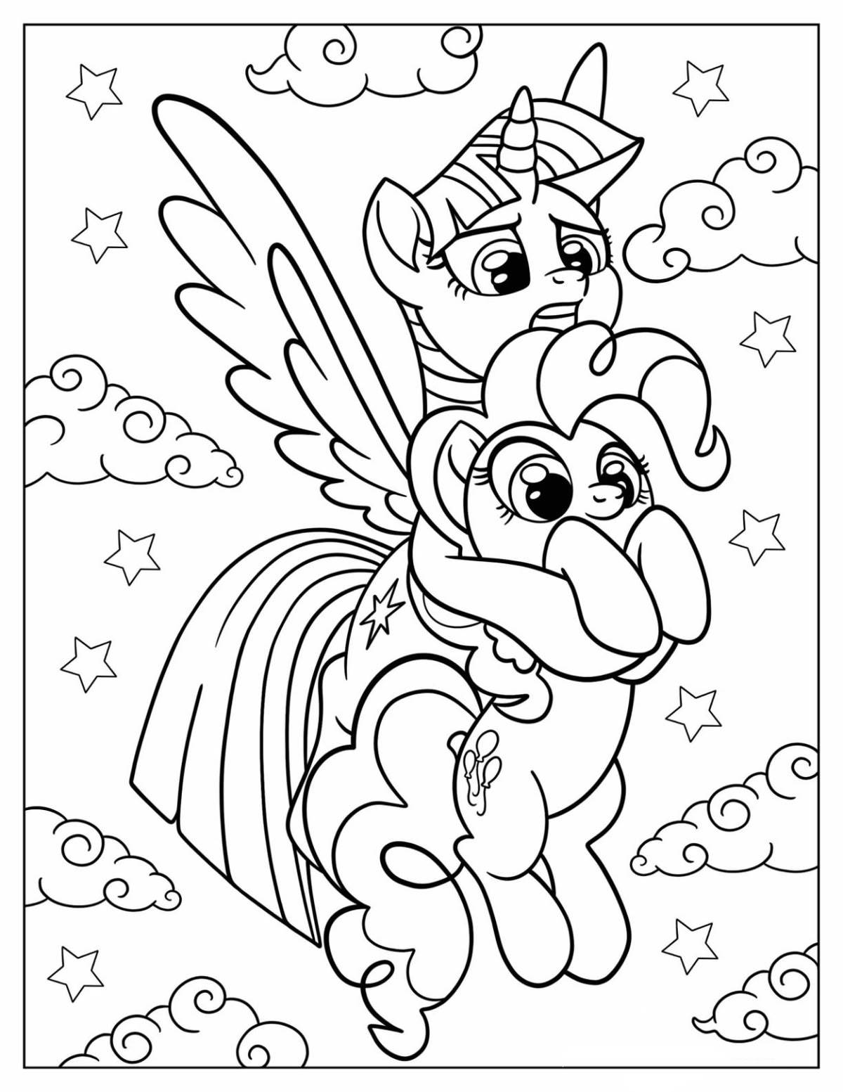Desenho da Twilight Sparkle e Pinkie Pie de My Little Pony voando juntas com estrelas para imprimir e colorir.
