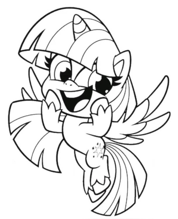 Desenho da Twilight Sparkle de My Little Pony com estrelas e magia para imprimir e colorir.