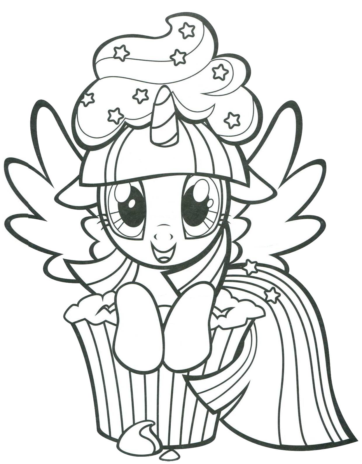 Desenho da Twilight Sparkle de My Little Pony em formato de cupcake com estrelas para imprimir e colorir.