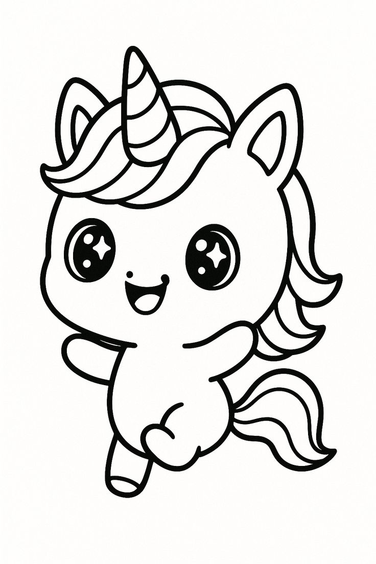 Desenho de unicórnio bebê em estilo kawaii com olhos grandes, crina e cauda onduladas para imprimir e colorir.