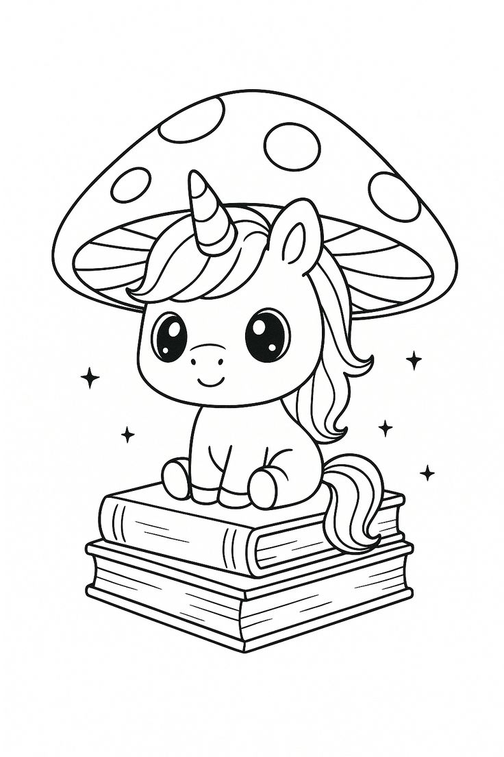Unicórnio fêmea bebê, com grandes olhos, usando um cogumelo como chapéu, cercado por livros e estrelas, incentivando a leitura.