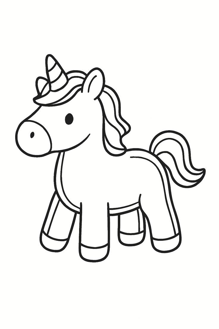 Desenho de um unicórnio fofo em estilo cartoon, com traços simples e um ar amigável, pronto para imprimir e dar vida com cores.