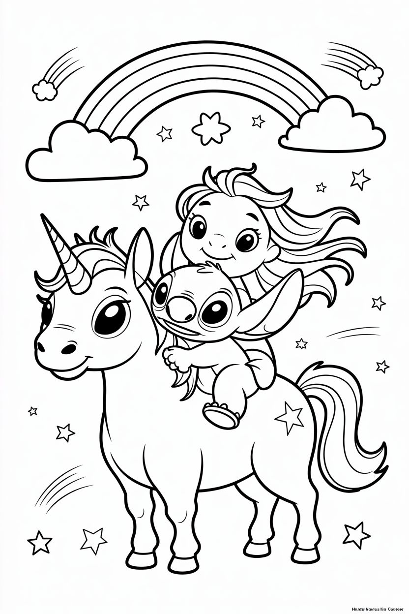 Desenho de um unicórnio com Stitch e uma menina, arco-íris e estrelas para imprimir e colorir.