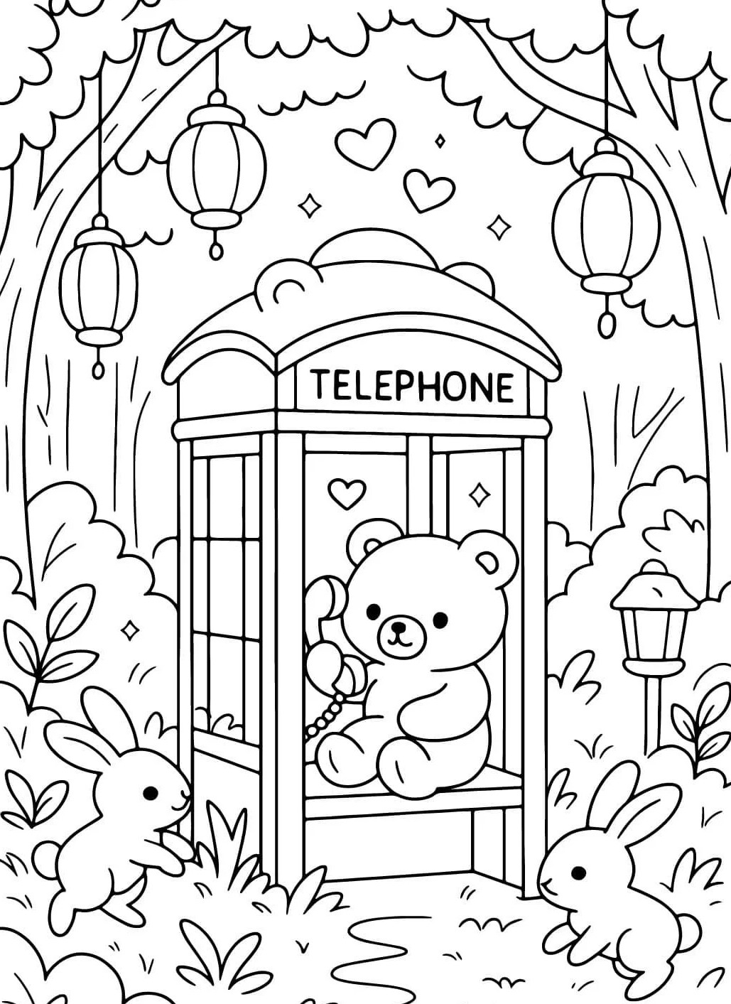 Desenho de um ursinho fofo sentado em uma cabine telefônica falando ao telefone, rodeado por coelhinhos e árvores.