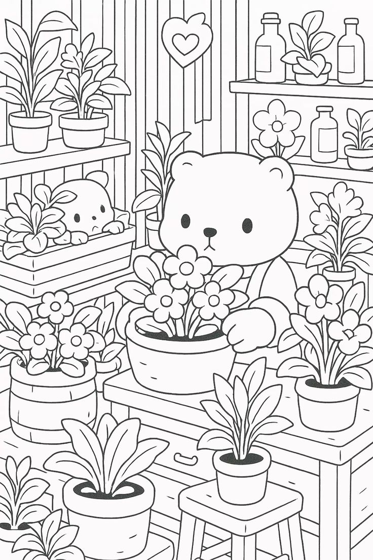 Desenho de um Ursinho Bobbie Goods fofo, usando macacão, cercado por vasos de flores em uma floricultura para imprimir e colorir.