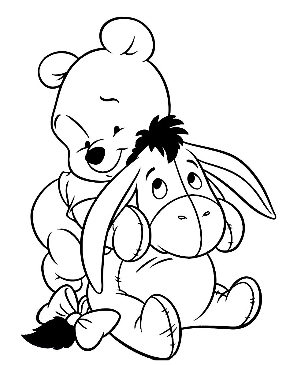 Desenho do Ursinho Pooh sorrindo e abraçando o burro Ió, ambos sentados, para imprimir e colorir.