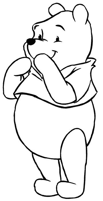 Desenho do Ursinho Pooh da Disney sorrindo e com a mão no rosto para imprimir e colorir.