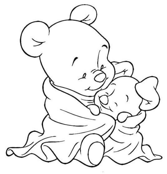 Desenho do Ursinho Pooh e Leitão se abraçando, cobertos com um cobertor, demonstrando amizade e carinho, para imprimir e colorir.