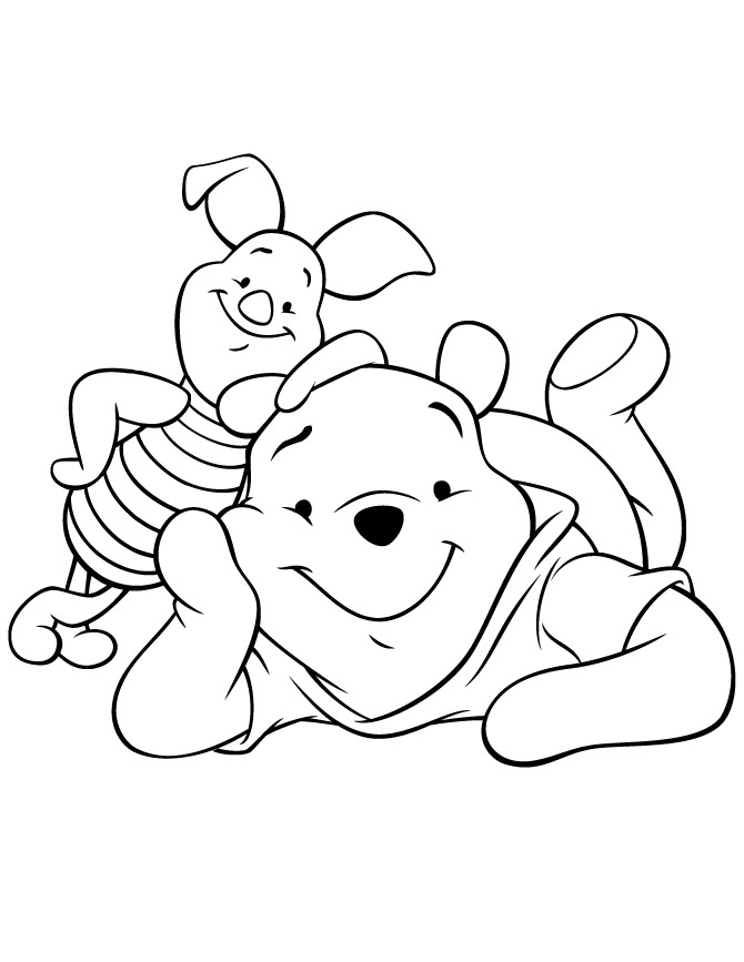 Desenho do Urso Pooh e Leitão sorrindo um para o outro, perfeito para imprimir e despertar a alegria da criançada.