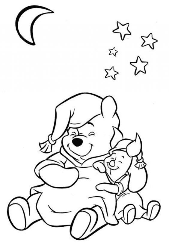 Desenho do Ursinho Pooh e Leitão de gorro, prontos para dormir, com lua e estrelas para imprimir e colorir.