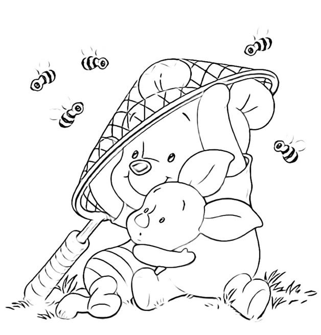 Desenho do Ursinho Pooh protegendo o Leitão das abelhas com uma rede de pesca para imprimir e colorir.