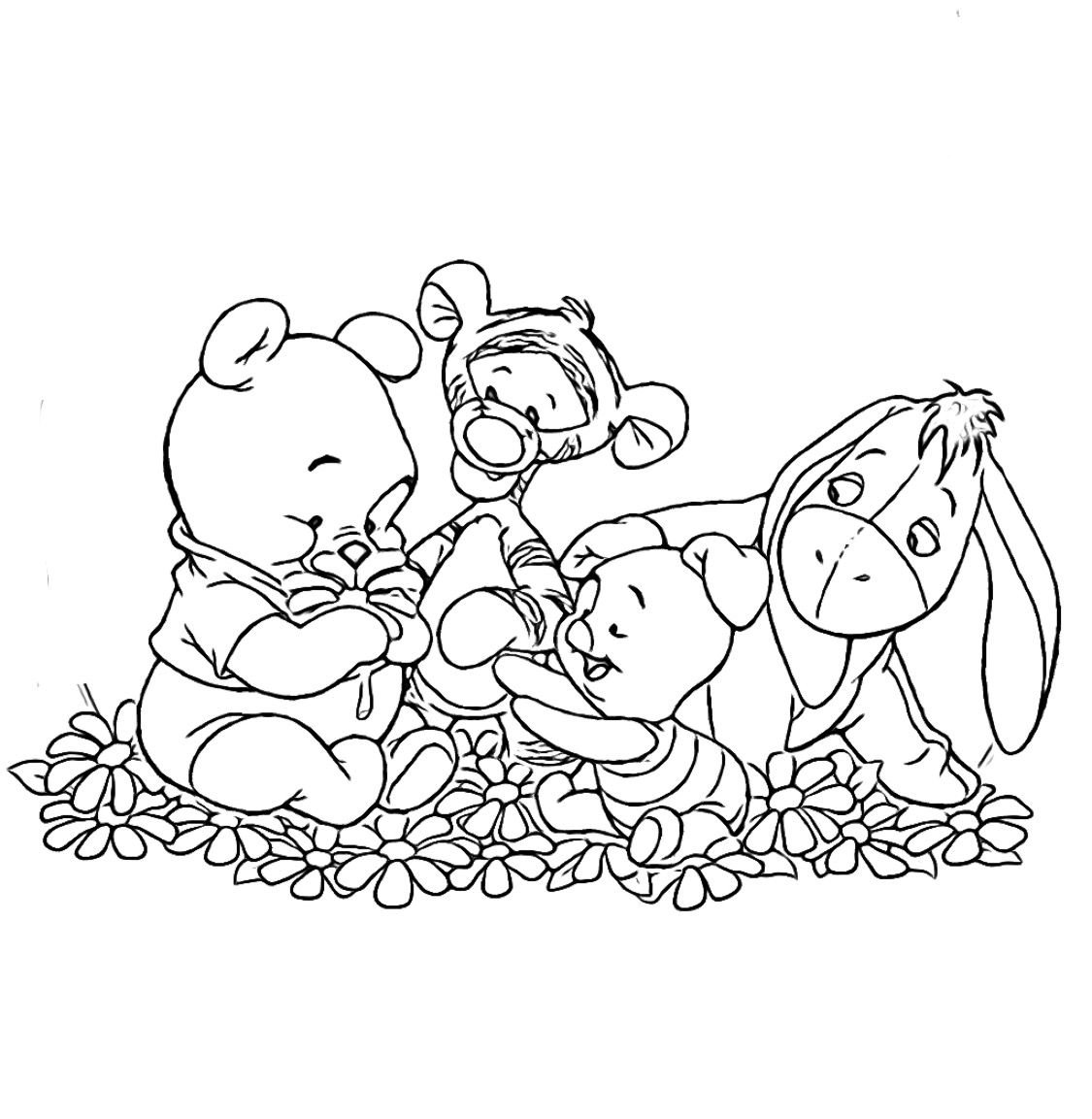 Desenho do Ursinho Pooh, Leitão, Tigrão e Ió sentados em um campo florido para imprimir e colorir.