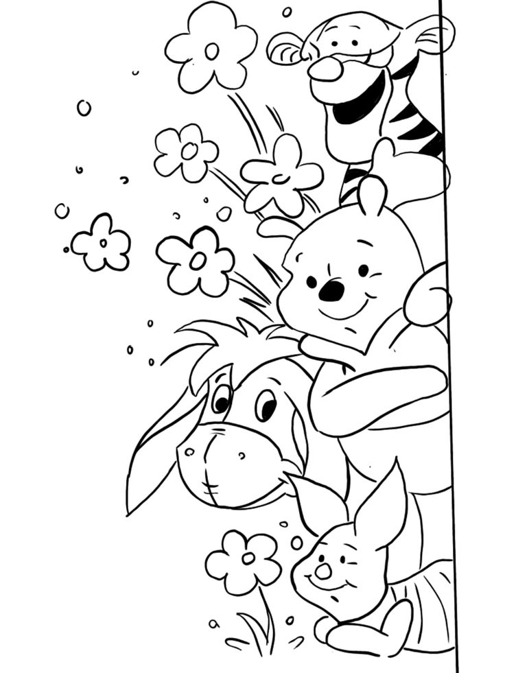 Desenho do Ursinho Pooh, Leitão, Tigrão e Ió reunidos para imprimir e pintar.
