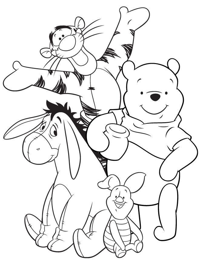 Desenho do Ursinho Pooh, Tigrão, Leitão e Ió para imprimir e colorir.