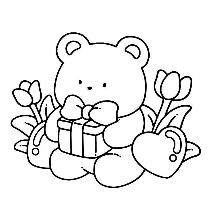Desenho de ursinho de pelúcia segurando um presente com laço, cercado por flores e corações, pronto para imprimir e colorir.