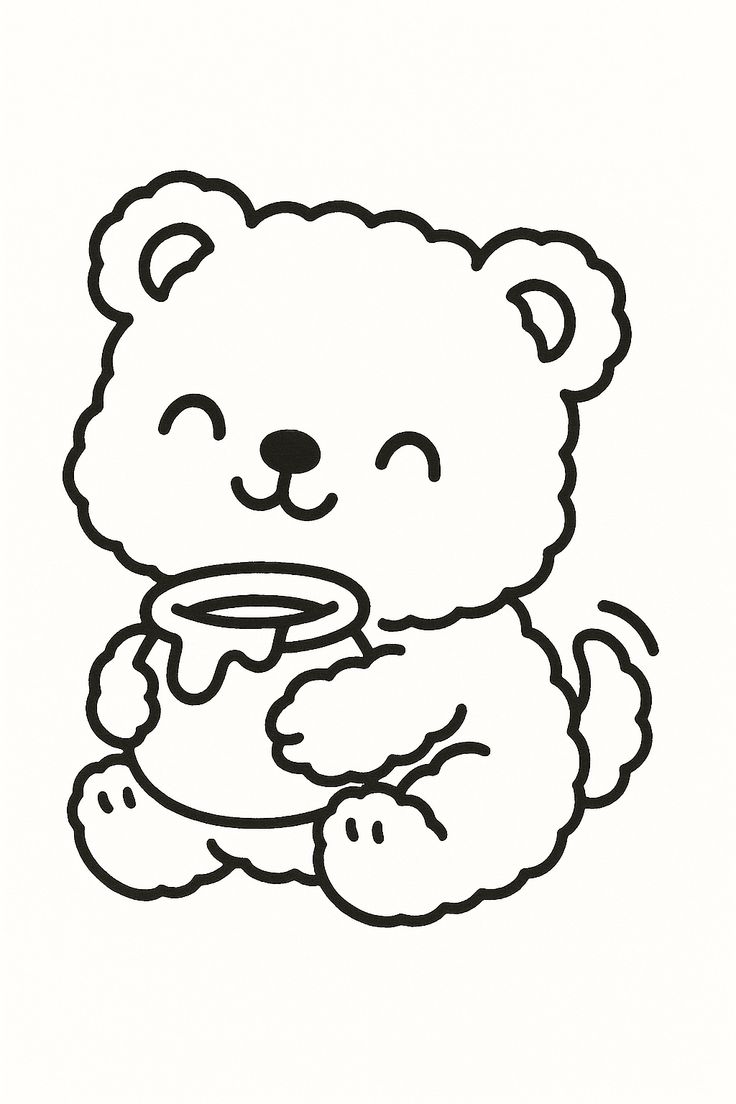 Desenho de um urso de pelúcia sentado segurando um pote de mel escorrendo para imprimir e colorir.