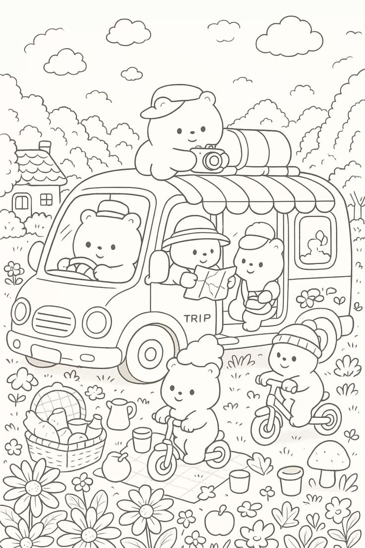 Desenho de ursinhos da Bobbie Goods em aventura com van, cesta de piquenique, flores e cogumelos para imprimir e colorir.
