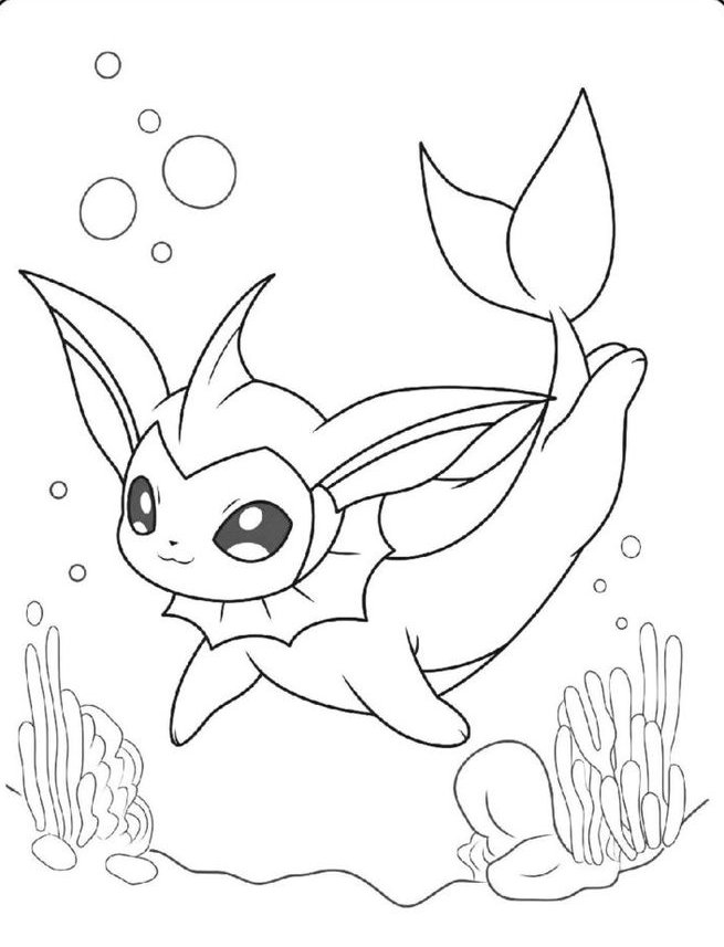 Desenho do Pokémon Vaporeon em um ambiente marinho com bolhas e algas, pronto para imprimir e colorir.