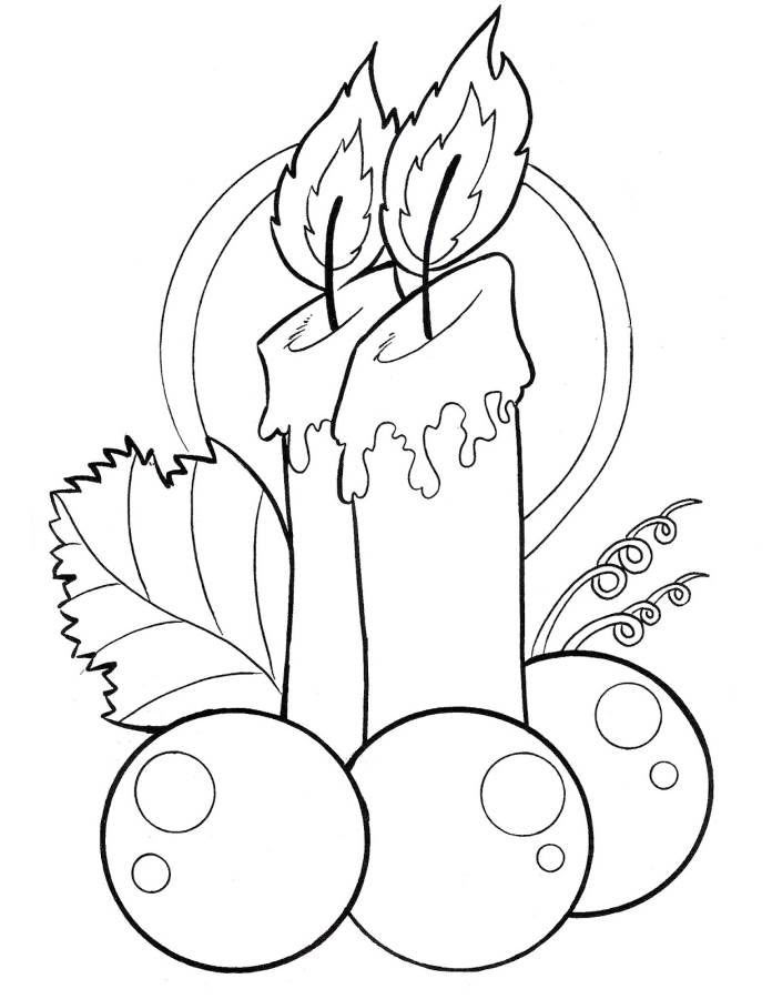 Desenho de velas de Natal acesas com azevinhos, folhas e círculo ao fundo para imprimir e colorir.