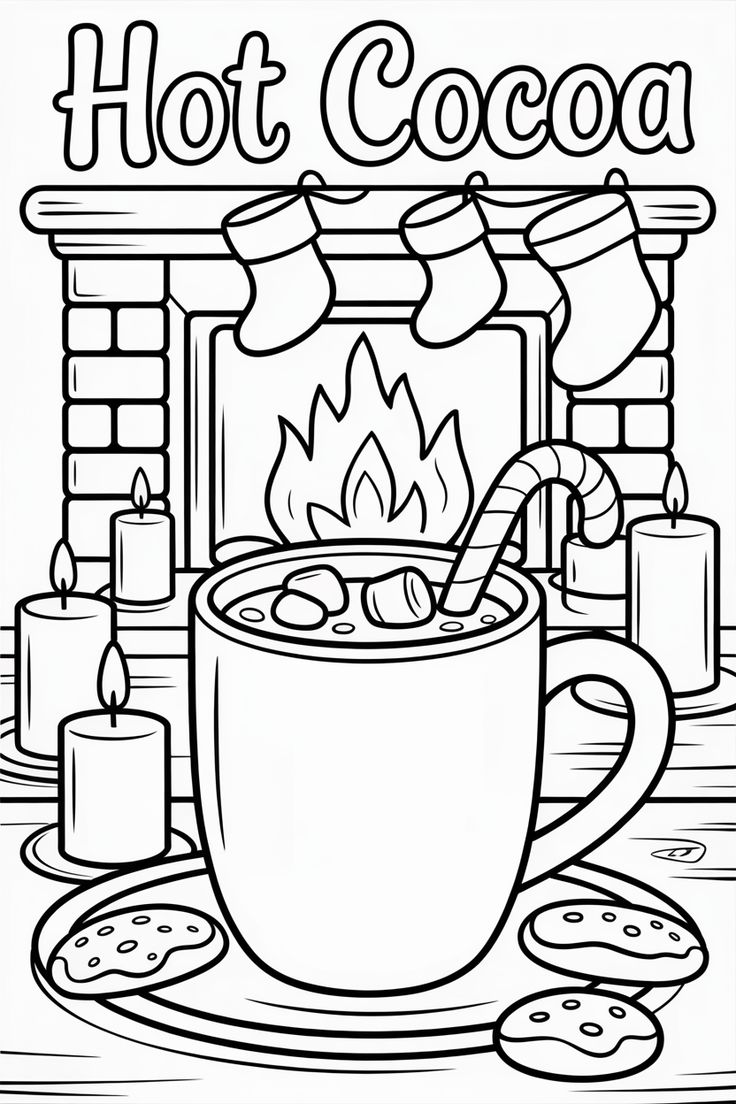 Desenho de uma xícara de chocolate quente com marshmallows, bengala doce e lareira ao fundo para imprimir e colorir.