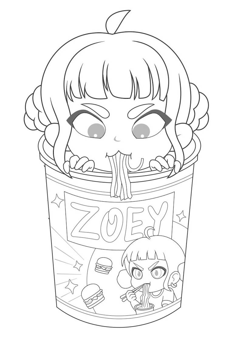 Desenho de Zoe, Guerreira K-pop, saindo de uma xícara de ramen com estilo anime e chibi, pronta para colorir e imprimir.