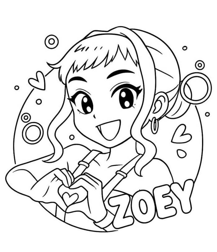 Desenho de Zoey, a Guerreira do K-pop com um sorriso radiante, visual moderno e atitude positiva, pronta para colorir e imprimir.