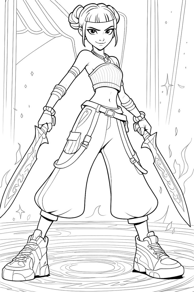 Desenho da Zoey, a Kpop Guerreira com espadas e visual futurista, pronto para imprimir e colorir.