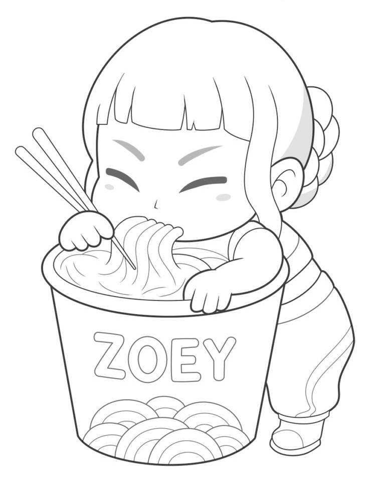 Desenho de Zoey, a guerreira K-pop, saindo de um ramen mágico com estilo kawaii, pronto para colorir e imprimir.