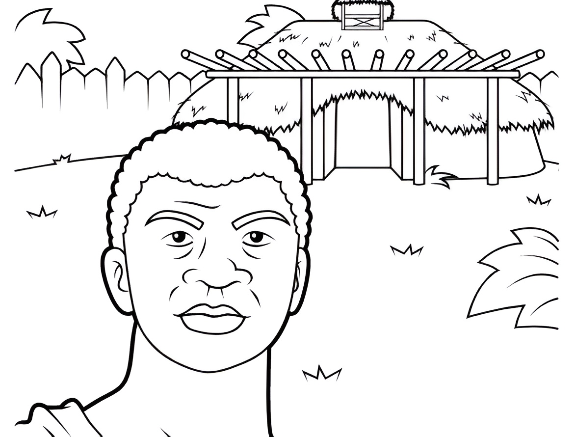 Desenho de Zumbi dos Palmares em estilo cartoon com o Quilombo dos Palmares ao fundo para imprimir e colorir.