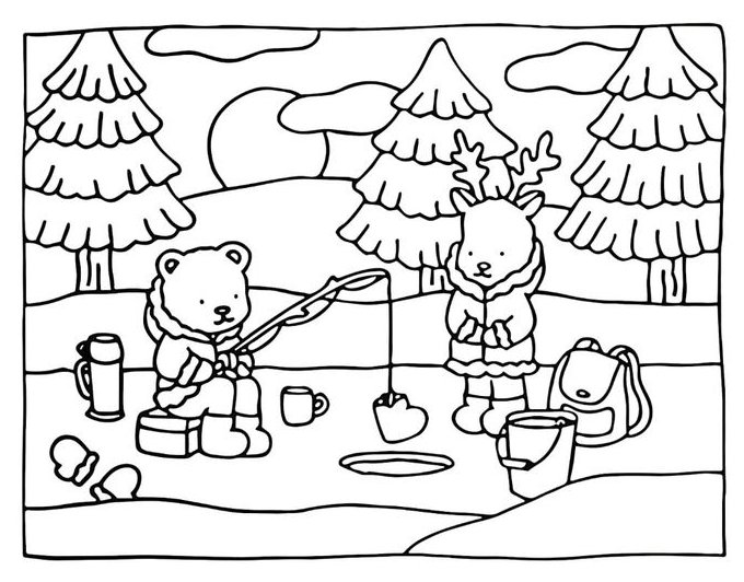 Desenho de inverno da Bobbie Goods com urso pescando em um buraco no gelo e rena ao lado, com árvores de pinheiro, sol e nuvens ao fundo para colorir.