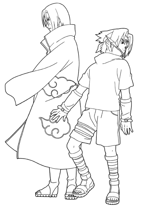 Desenho em linhas pretas de Itachi Uchiha usando o manto da Akatsuki e Sasuke Uchiha criança em pose de batalha.