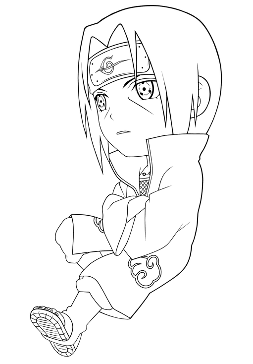 Desenho do Itachi Uchiha em versão chibi, usando a capa da Akatsuki e a bandana da Vila da Folha riscada, ideal para colorir.