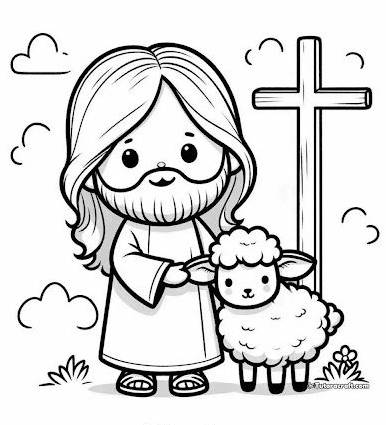 Ilustração infantil de Jesus com um pequeno cordeiro, cruz e elementos da natureza, estilo cartoon fofo para colorir na Páscoa.
