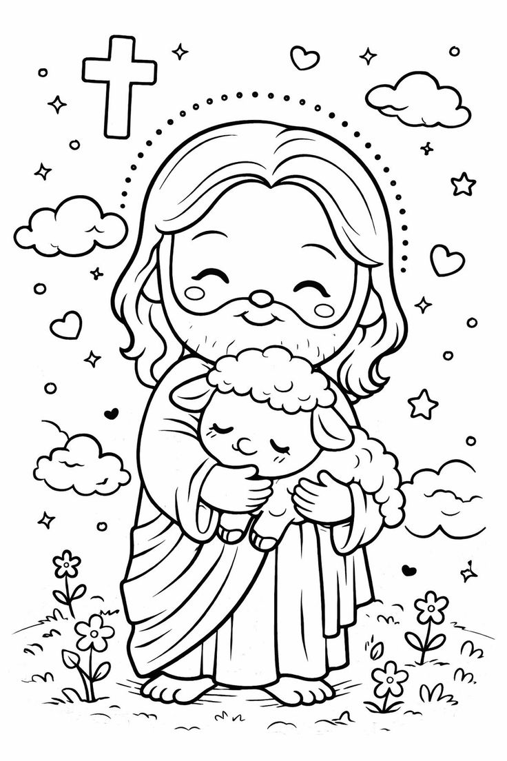 Desenho estilo cartoon de Jesus Cristo gentil abraçando um cordeirinho com fundo de flores e corações para imprimir e colorir.