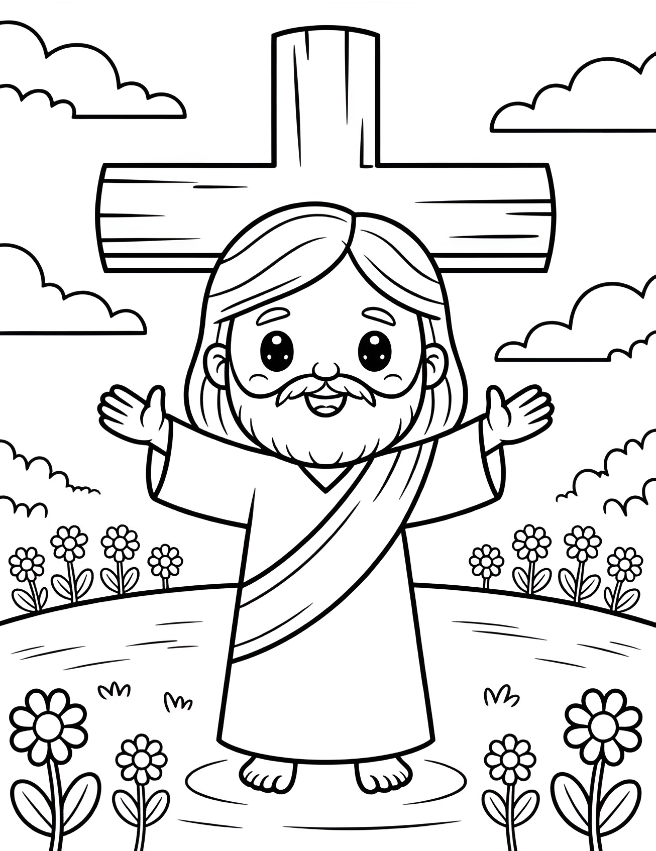 Desenho infantil de Jesus em estilo kawaii com braços abertos em um campo florido e uma cruz de madeira ao fundo, perfeito para celebrar a Páscoa.