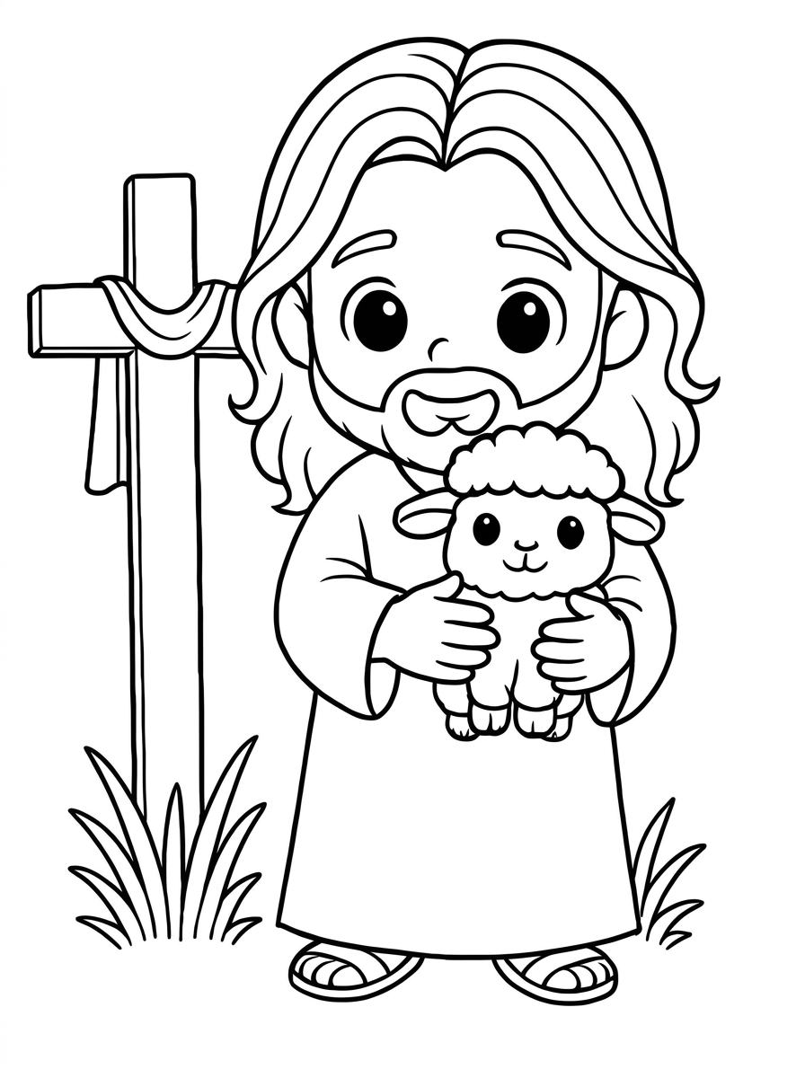 Jesus estilo infantil (chibi) segurando um cordeiro fofo com cruz ao fundo, ideal para atividades de Páscoa e catequese infantil.