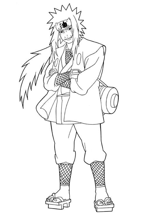 Desenho do personagem Jiraiya de Naruto em pose de braços cruzados, vestindo seu traje ninja tradicional e com seu pergaminho gigante nas costas.