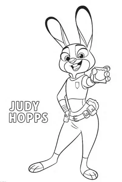 Desenho para colorir da Judy Hopps, a coelha policial de Zootopia, segurando seu distintivo com orgulho e um sorriso confiante.