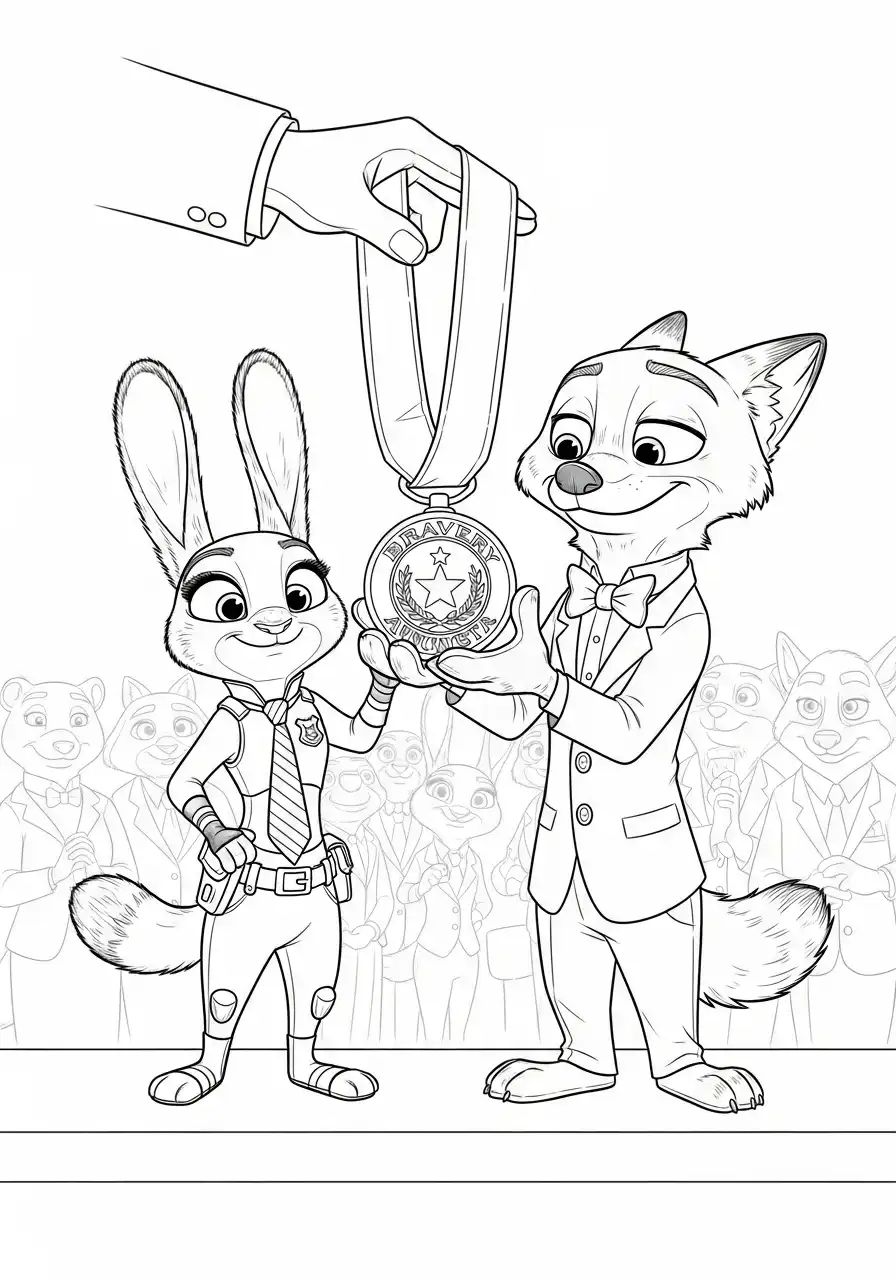 Judy Hopps e Nick Wilde sorrindo enquanto recebem uma medalha de bravura em uma cerimônia oficial com plateia.