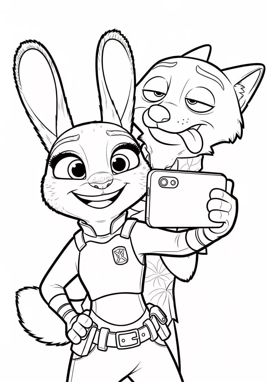 Desenho para colorir da coelha Judy Hopps e da raposa Nick Wilde tirando uma selfie juntos.