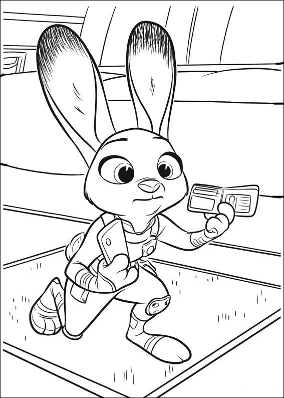 Judy Hopps, a coelha policial de Zootopia, agachada segurando seu distintivo de policial e um smartphone, pronta para uma investigação.