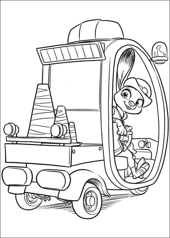 A policial coelha Judy Hopps sorridente dirigindo seu pequeno triciclo de patrulha com cones de trânsito atrás.