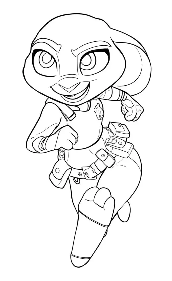 Desenho para colorir da Judy Hopps, a coelha policial de Zootopia, em pose de corrida dinâmica com seu uniforme completo.