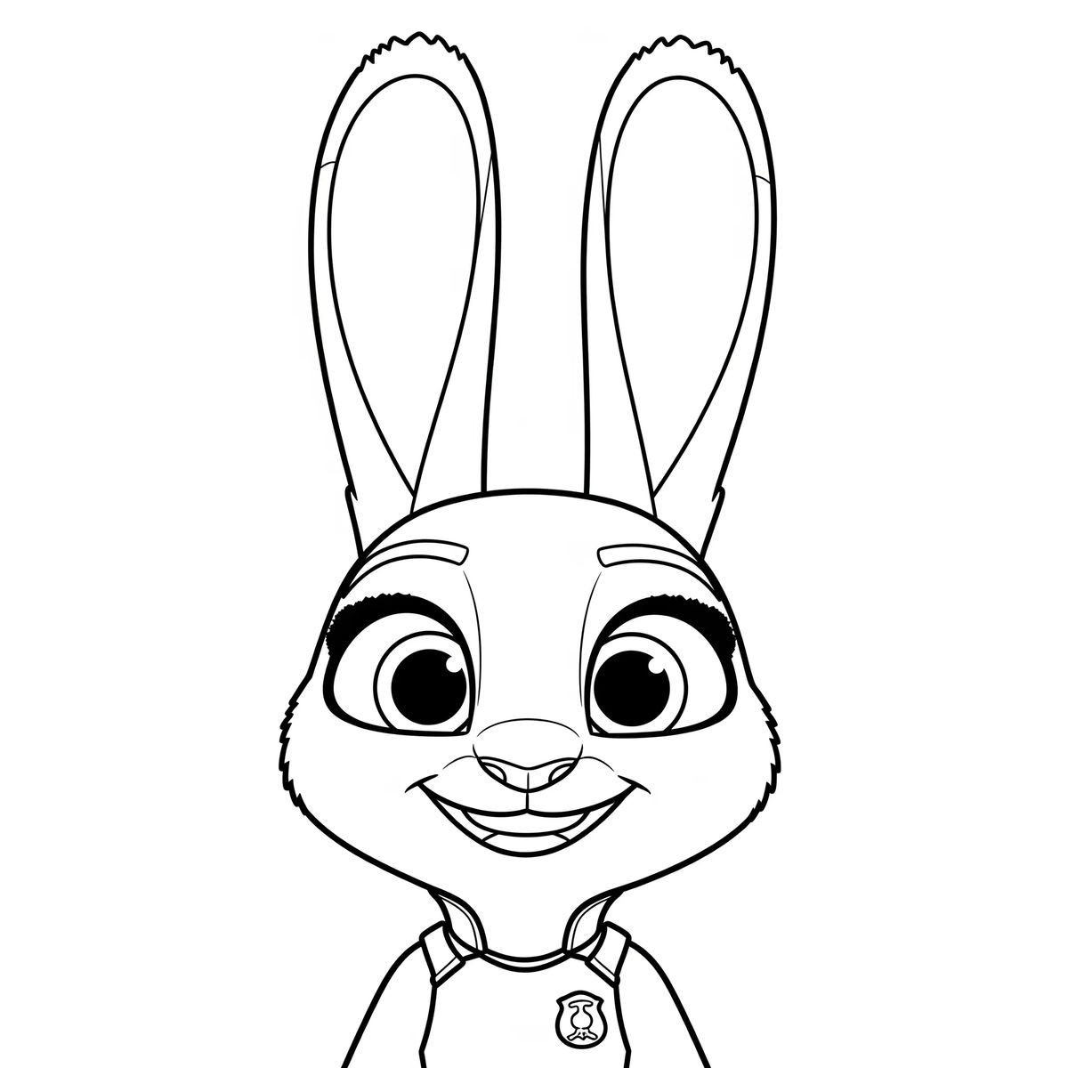Desenho em linhas pretas da cabeça e ombros da personagem Judy Hopps, a coelha policial de Zootopia, usando seu uniforme.